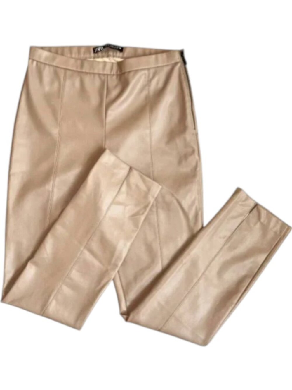 Zara Faux Leather Pants Camel High Rise Slim Ankle M - Picture 3 of 8